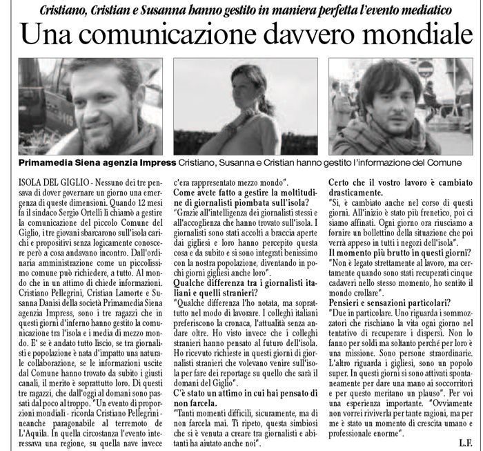 “Una comunicazione davvero mondiale”. Corriere di Maremma e di Siena parlano di noi in merito all’Ufficio Stampa dell’isola del Giglio