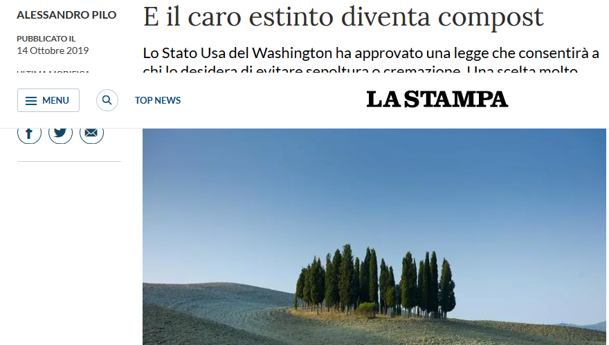 ‘E il caro estinto diventa compost’, La Stampa pubblica un articolo sulla trasformazione dei cadaveri negli States e associa l’immagine dei cipressi di San Quirico d’Orcia