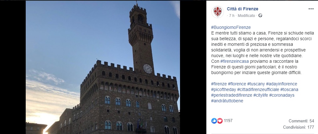 Coronavirus. Comune lancia #firenzeacasa, su Instagram e Facebook invito a condividere immagini delle giornate dell’emergenza