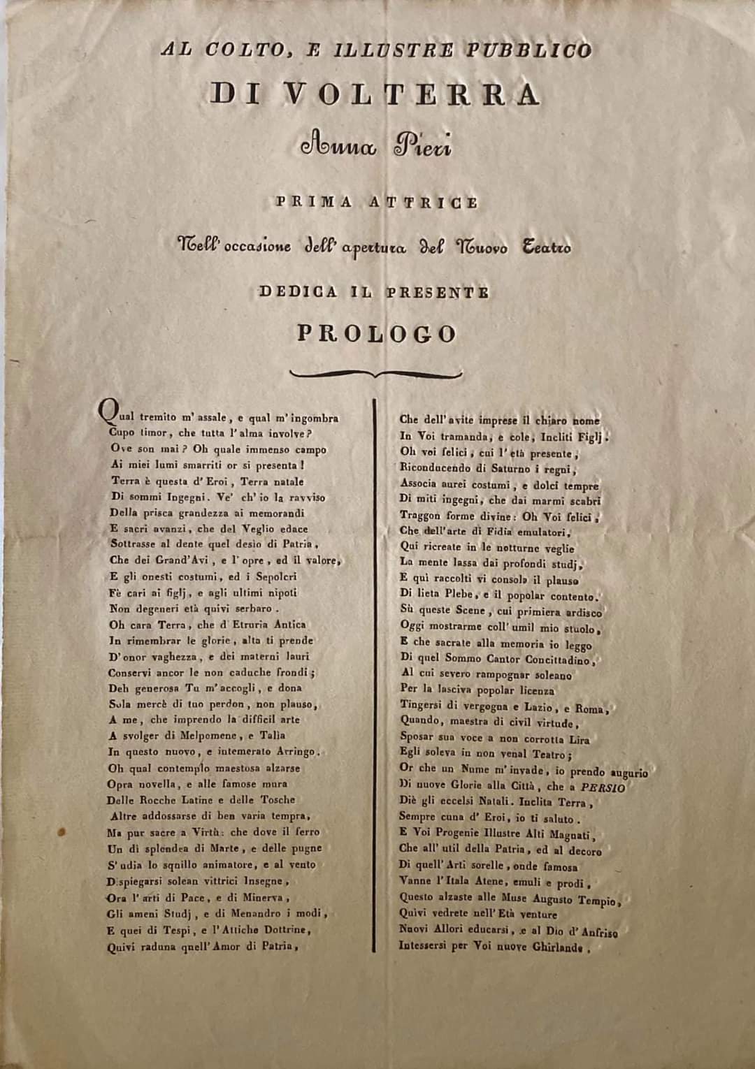 Traguardo storico. Il Teatro Persio Flacco compie 200 anni con una rivelazione. Fu Anna Pieri ad inaugurarlo