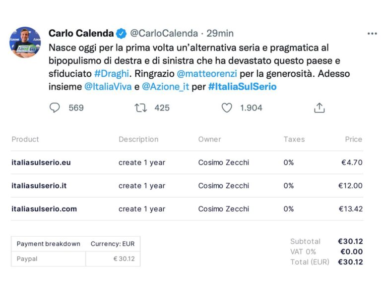 Calenda-Renzi patto con l’hashtag ItaliaSulSerio. Ma si dimenticano di registrare i domini sul web