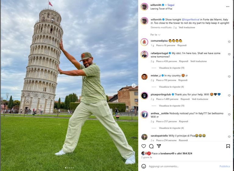 Will Smith stregato dai Lungarni. Classica foto per il divo che raggiunge 68 milioni di followers