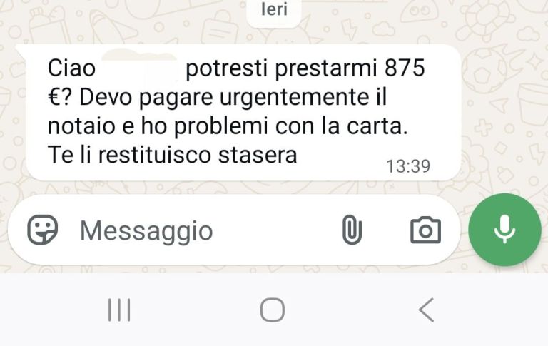 Truffe da whattsapp. “Puoi prestarmi soldi?”. Richiesta da nostri numeri in rubrica