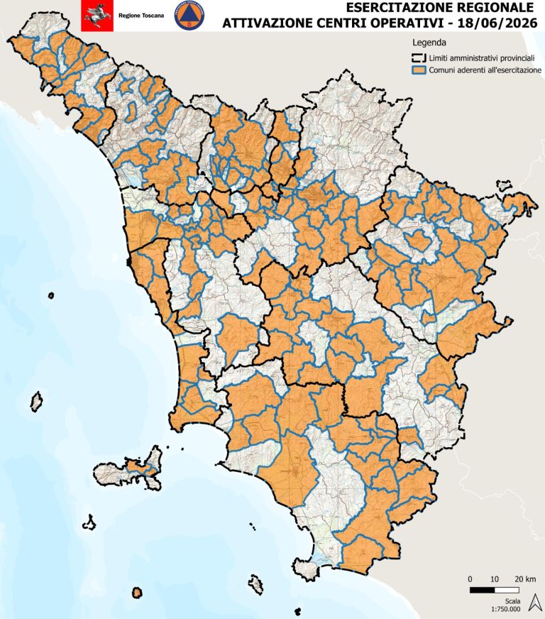 Prova di emergenza meteo per 146 Comuni. Test senza precedenti in Toscana